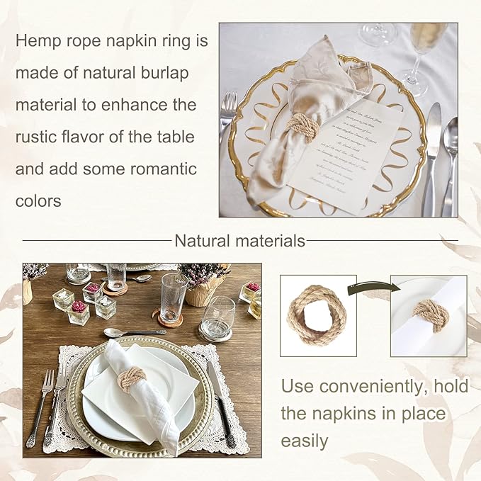 Natural Burlap Napkin Rings Set of 6 - Woven Rustic Napkin Rings for Farmhouse Dining Table Decor
