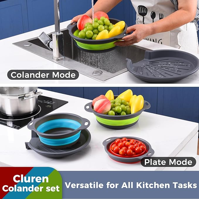 Collapsible Colander Set with Oversized Draining Tray | 3-Pack Foldable Kitchen Strainers + Base | Space Saving for Pasta, Veggies, Fruit & Rice | 5 Colors (Gray-Blue-Red-Green)