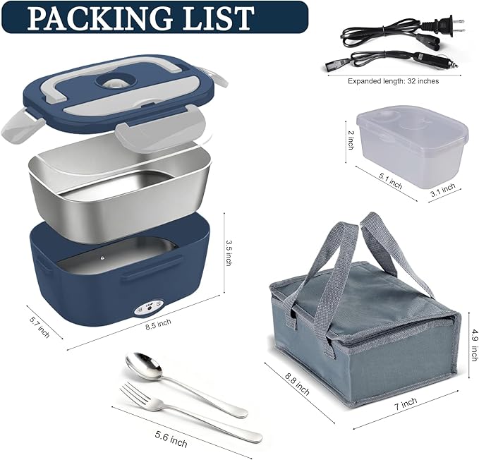 Electric Lunch Box Food Heater - 80W Fast Heating, 1.5L Heated Lunch Box Leak-Proof 304 Stainless Steel Portable Food Warmer, (12V/24V Car/Truck & 110V Home), Ideal for Work/Travel（Blue-white）