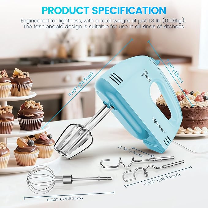 LILPARTNER Hand Mixer Electric, Small Food Mixer 7 Speeds Handheld Blender,304 *(1* Whisk, 2* Beater, 2*Dough Hook) Kitchen Blender for Cream, Cookies, Dishwasher Safe, Blue