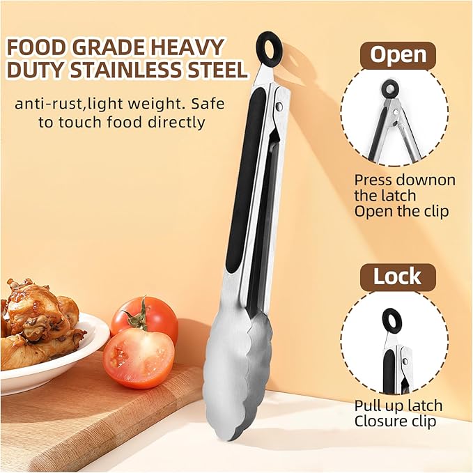 12 Pcs Stainless Steel Kitchen Tongs, 7/9/12 Inch High Heat Resistant Cooking & Serving Tongs with Locking for Grill Salad