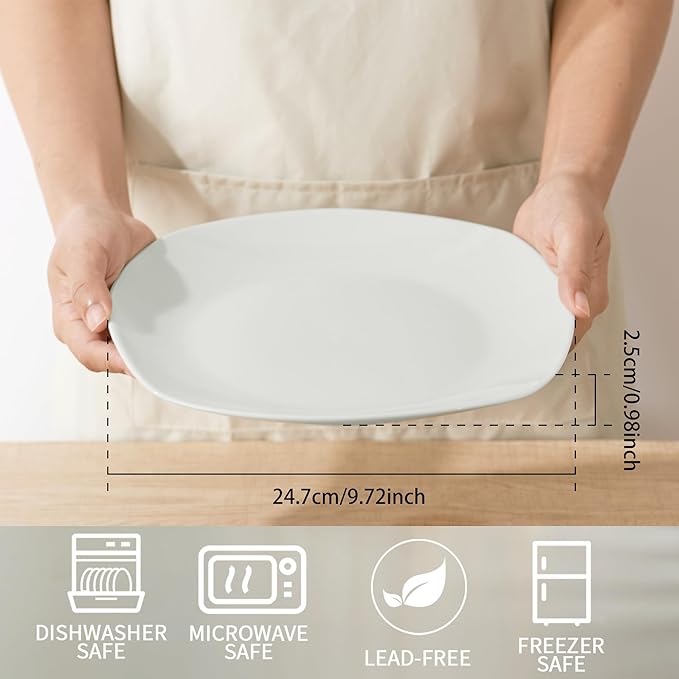 10" Square Dinner Plates Set of 4, White Ceramic Plates for Dinner, Salad, Appetizer & Dessert, Microwave, Dishwasher Safe Dinnerware for Kitchen, Perfect for Party Wedding Birthday & Christmas Dishes