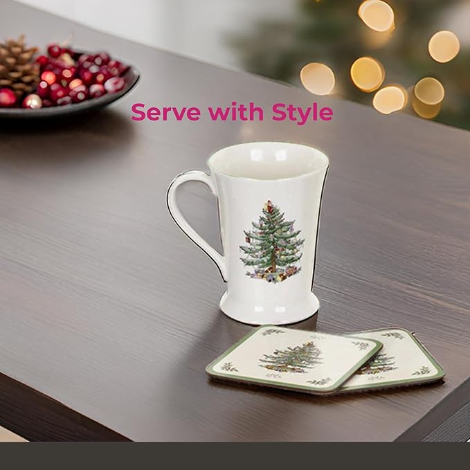 Spode Pimpernel 10 oz Mug & Coaster Set – 2 Porcelain Coffee Cups with Handles & 2 Square 5mm Cork-Backed Drink Mats, Durable Heat & Stain Resistant Table Accessories for Dining, Kitchen & Home
