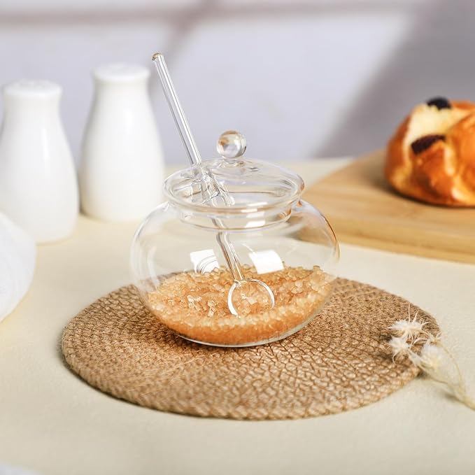 123Arts Clear Glass Sugar Bowl With Lid and Sugar Serving Spoon,8 ounces