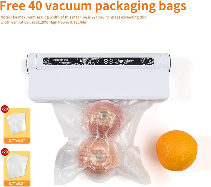 Food Vacuum Sealer Machine – Home Use Preservation Sealer, One-Touch Operation, Dry & Wet Modes, Extends Food Freshness,Digital Countdown Timer, Compact, Includes 40 Vacuum Bags