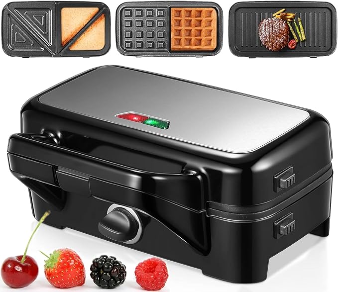 HOUSNAT Sandwich Maker, 3 in 1 Waffle Maker with Removable Plates, 1200W Panini Press with Interchangeable Non-Stick Plates, Indicator Lights, 5-gear Temperature Control (Black)