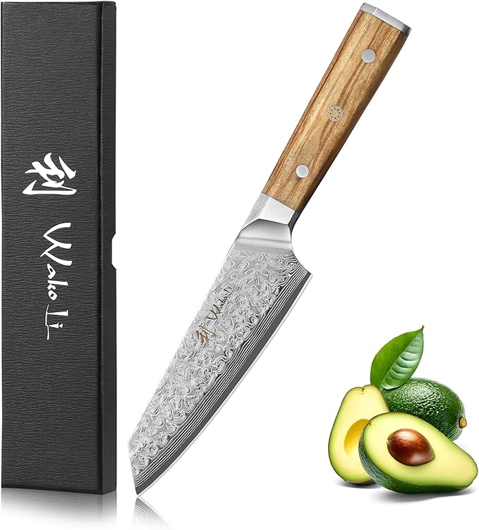 Wakoli Oribu Kiritsuke Small Chef's Knife – Full Tang Kitchen Knife | 6-Inch Blade Made of 67-Layer Damascus Steel with AUS-10 Core | Ergonomic Olive Wood Handle | Professional & Durable