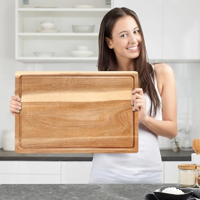 Acacia Wood Cutting Board with Handles & Juice Groove - Large Thick Butcher Block for Meat, Turkey, BBQ, Serving and Kitchen Countertop 18"*12 Inche