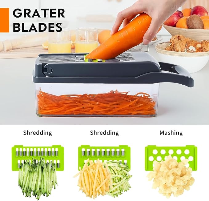 Multifunctional Vegetable Chopper & Slicer - 13 in 1 Food Chopper With 8 Blades, Dicer, Cutter for Onions, Carrots, Garlic & More - Container Included