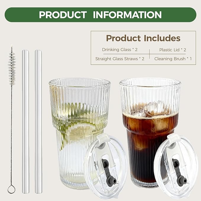 18oz Ribbed Glass Tumbler with Lids & Straws, Set of 2 -Vintage Ribbed Iced Coffee Cups, Reusable Smoothie & Cocktail Drinking Glasses - Perfect for Daily Use & Travel