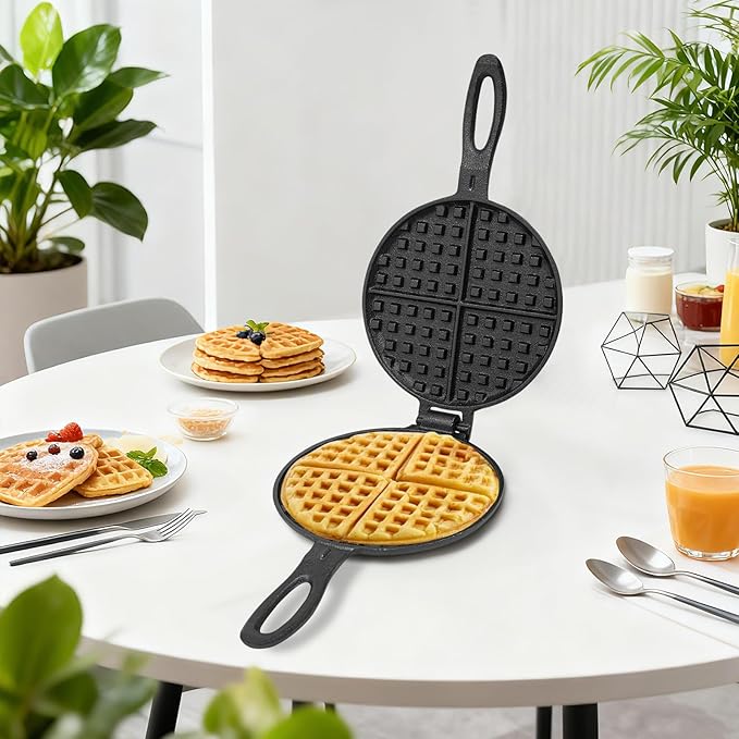 Cast Iron Waffle Maker, 2-Piece Stovetop Waffle Iron Set for Gas Stove - 6.7 Inch Classic Belgian Waffle Plates, Non-Stick & Detachable, Perfect Holiday & Christmas Breakfast Gift (Black)