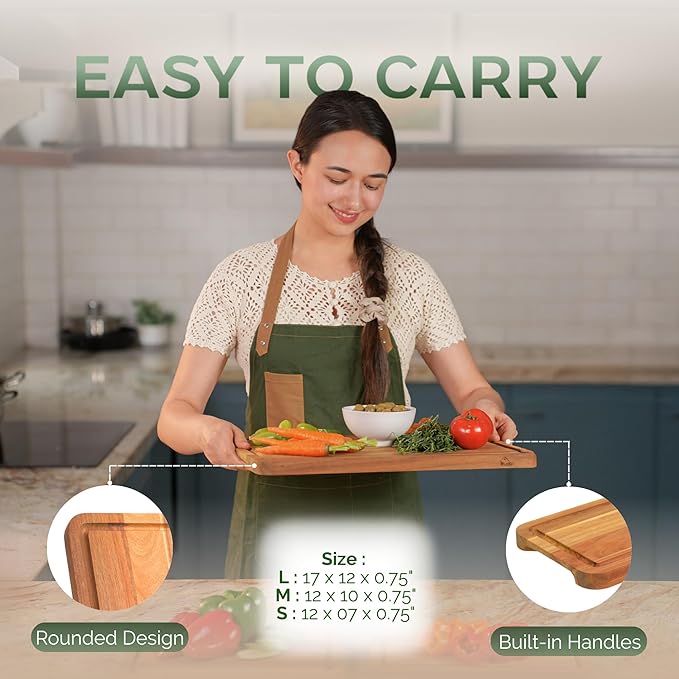 Howizz Acacia Wood Cutting Board, Set Of 3 Edge Grain Solid Wood Butcher Block For Kitchen Meal Prep & Serving, Chopping Boards Deep Juice Groove & Built-In Handles, Gift for Home, Gift-Ready Box