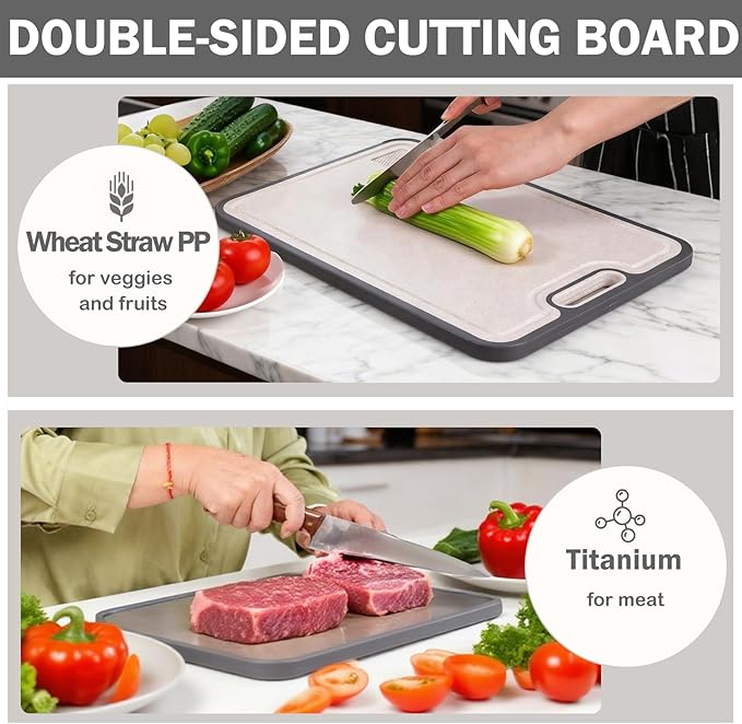 Suptikes Titanium Cutting Board,Double Sided Steel Cutting Boards for kitchen,Titannum/Wheat straw pp Large Board for meat,non toxic Chopping,16 * 11 Inch,Dishwasher Safe