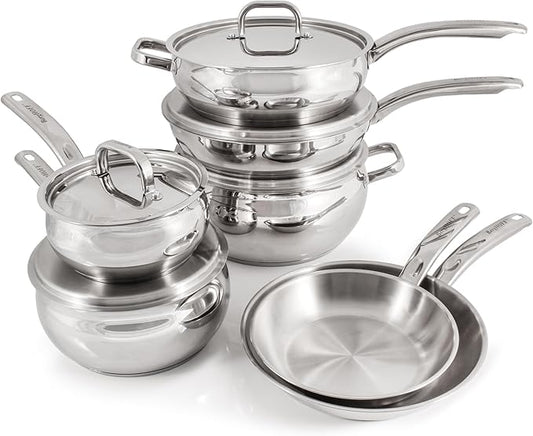 BergHOFF Belly Shape 18/10 Stainless Steel 12Pc Cookware Set, Metal Lids, Fast, Evenly Heat, Induction Cooktop Ready