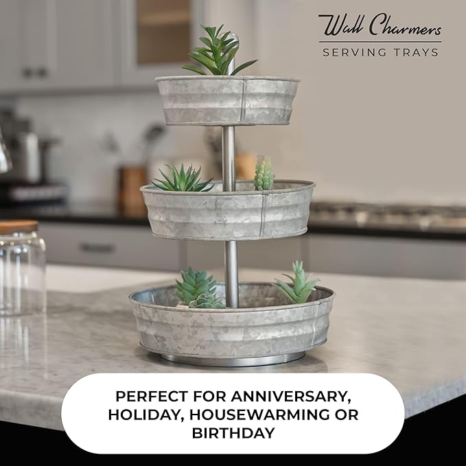 WallCharmers 3 Tier Galvanized Round Metal Tray, Three Tiered Serving Tray for Farmhouse or Cottage Theme Decor, 18 Inches, Size,