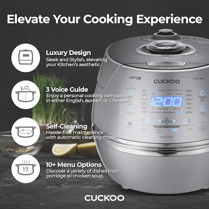 CUCKOO High Pressure Rice Cooker 10-Cup Uncooked / 20-Cup Cooked with Induction Heating Technology, Large Rice Maker with 17 Menu Options and Steam Plate, Voice Guide, Silver (CRP-CHSS1009FN)