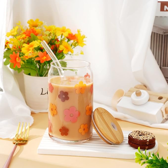 Whaline 4Pcs Boho Ice Coffee Cup with Bamboo Lids and Straws, 16oz Retro Groovy Drinking Glasses Rainbow Face Flower Beer Can Shaped Glass Cup for Soda Cocktail Whiskey Coffee Tea Water Wine