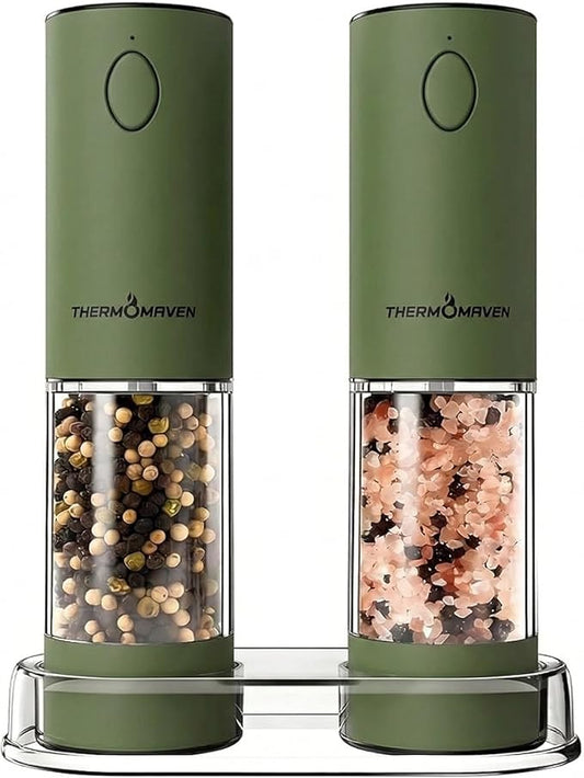 ThermoMaven Electric Salt and Pepper Grinder Set, 110ml Larger Rechargeable Automatic Salt and Pepper Mill Grinder with 6 Adjustable Coarseness, Electric Salt and Pepper Shakers, LED, Matcha