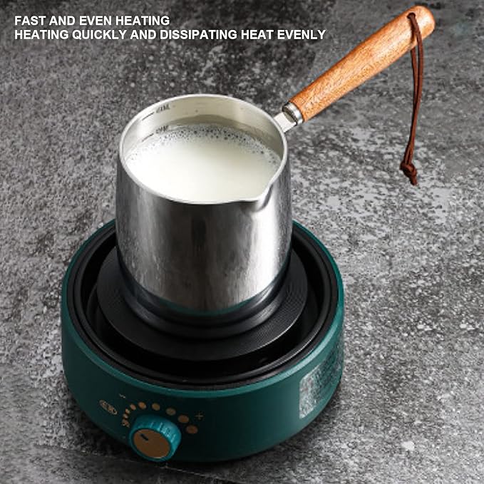 Fdit Mini Melting Pot, 450ml Wood Handle 304 Stainless Steel Measuring Spoon Hot Oil Pan Oil Pan With Wooden Handle Warmer Turkish Coffee Pot