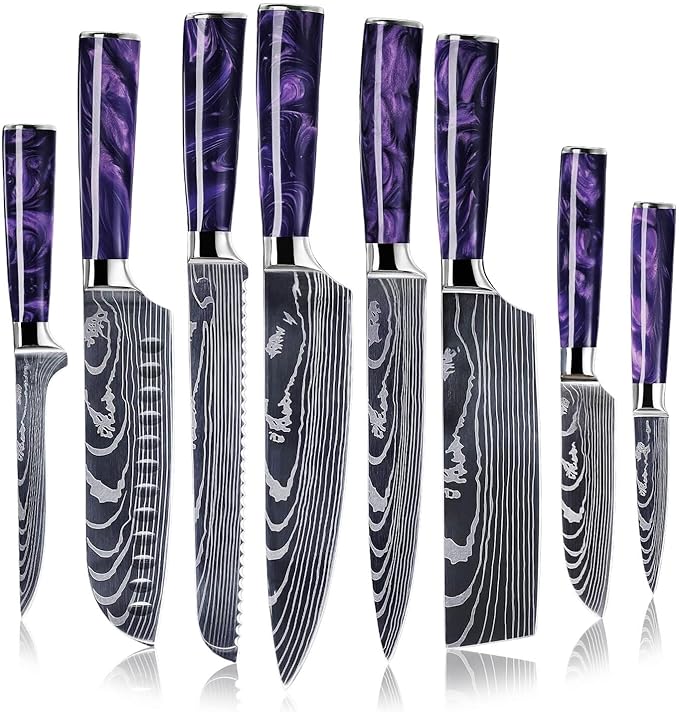 SENKEN 8-Piece Japanese Knife Set with Purple Resin Handle and Laser Damascus Pattern - Amethyst Collection - Chef's Knife, Cleaver, Santoku, Paring Knife, & More (Amethyst Purple)