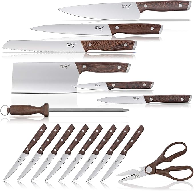 Deco Chef 16 Piece Kitchen Knife Set Stainless Steel with Wood Handles, 8" Chef, 6.5" Cleaver, 8" Bread, 8" Slicing, 4.5" Paring, 6pcs Steak Knives, Kitchen Shears, and more