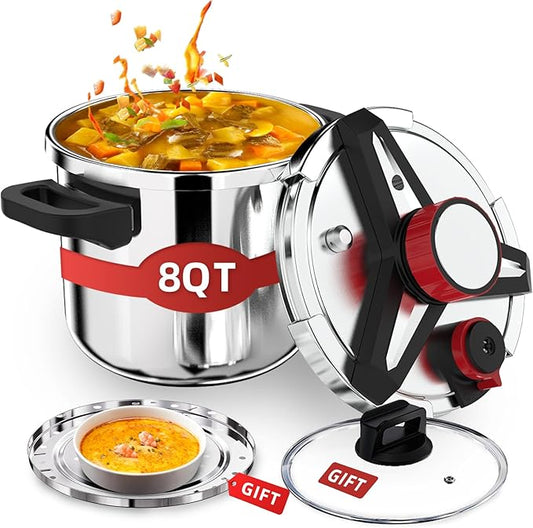 3-In-1 Stainless Steel Pressure Cooker 8 QT: [Save 70% Time] [3 PSI Settings], One-Hand Locking, Induction Compatible, Glass Lid & Steamer Rack Included, Olla de Presion