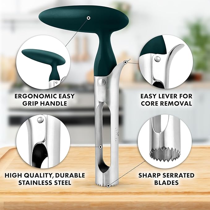 Zulay Kitchen Premium Apple Corer Tool - Ultra Sharp, Stainless Steel, Serrated Blades for Easy Coring - Easy to Use & Clean, Durable Apple Corer Remover for Baking Apples & More - Dark Teal