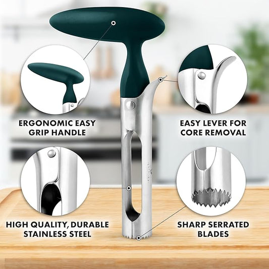 Zulay Kitchen Premium Apple Corer Tool - Ultra Sharp, Stainless Steel, Serrated Blades for Easy Coring - Easy to Use & Clean, Durable Apple Corer Remover for Baking Apples & More - Dark Teal