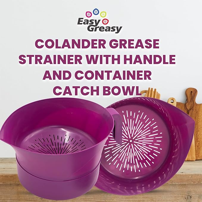Colander Grease Strainer With Handle And Container, Catch Bowl With Lid 3 Piece Strain Set | Strains Ground Beef, Bacon & Pasta | Safe Kitchen Gadget BPA Free | Made In The USA (Purple)