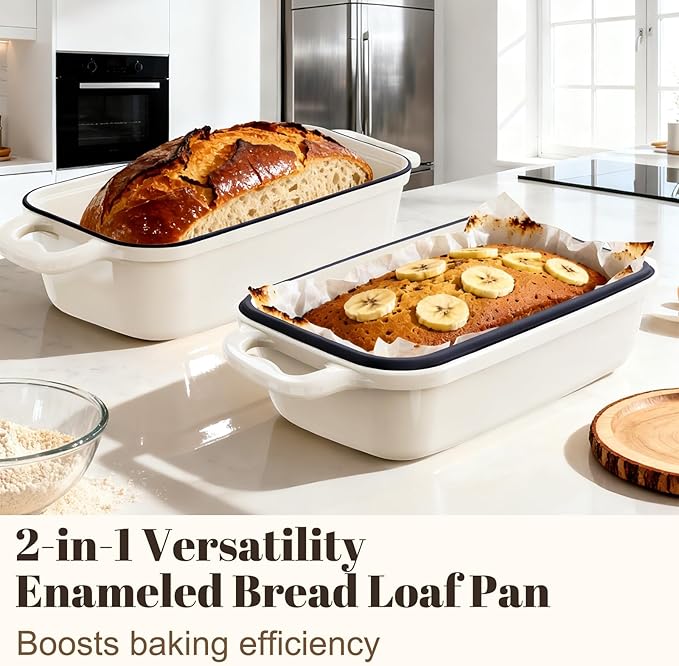 DYCYRQ Enameled Cast Iron Sourdough Bread Dutch Oven, Cast Iron Loaf Bread Pan for Homemade Bread Baking, 2PCS 9 x 5Inch Meatloaf Pan with Lid, Oven Safe, Cream