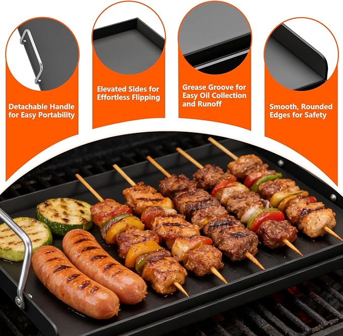 17" x 13" Cast Iron Griddle for Gas Grill, Universal Flat Top with Nano-Ceramic Nonstick Coating, Grease Groove and High Sidewalls, Griddle Plate Insert for Camping, Tailgating and Parties