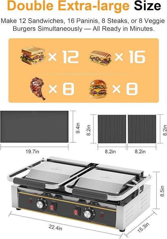 Commercial Panini Press - 3600W Electric Sandwich Panini Maker, Stainless Steel Double Sandwich Grill w/Nonstick Coating & Temp Control, 19x9 in Plate for Hamburger Steak Bacon