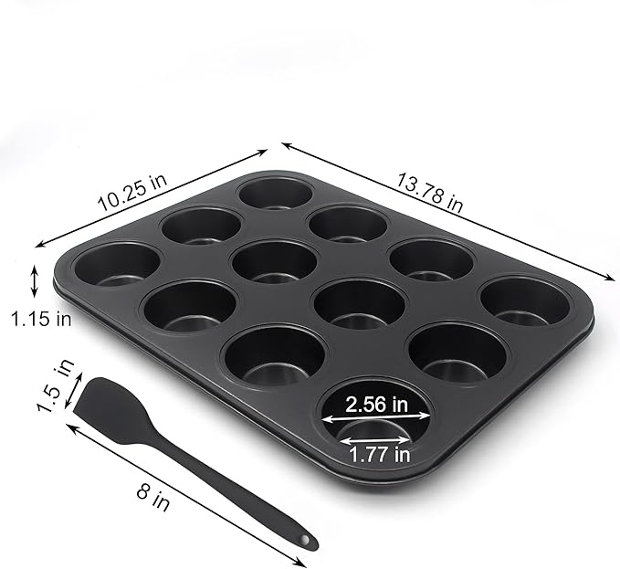 Bakexcel Non-Stick Muffin Pans, 12-Cup Standard Baking Pans Set of 2 with a Scraper for Perfect Muffins & Cupcakes