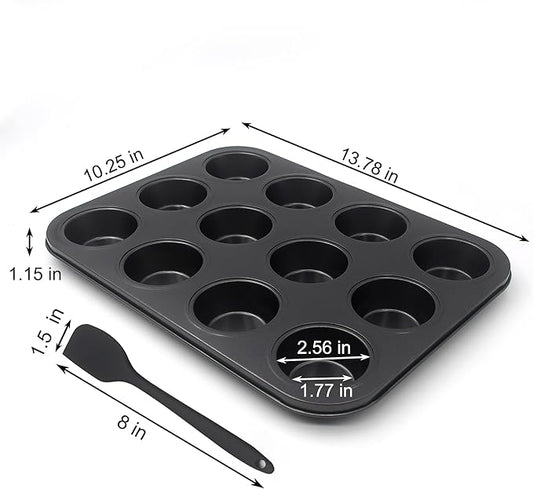 Bakexcel Non-Stick Muffin Pans, 12-Cup Standard Baking Pans Set of 2 with a Scraper for Perfect Muffins & Cupcakes
