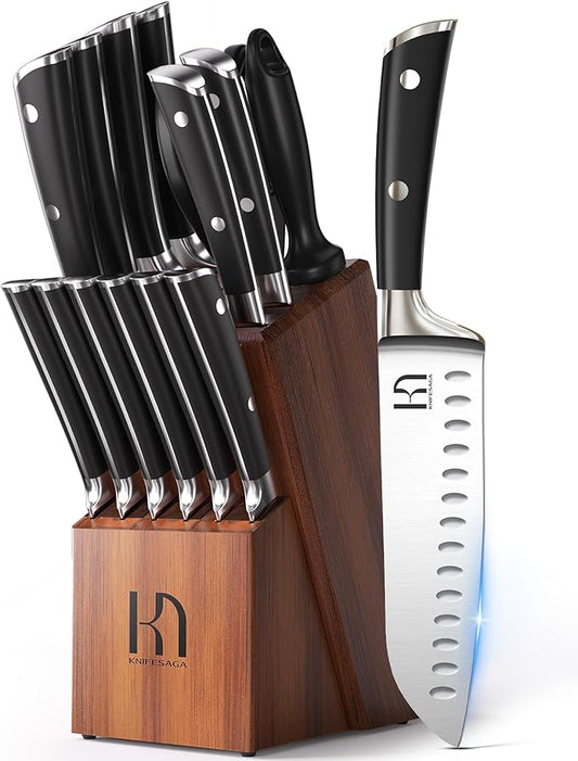 Knife Set, 15 Pcs Kitchen Knife Block Sets with Sharpener, Japanese High Carbon Stainless Steel Set of Knives, Premium Razor Sharp Black Knives Set with Block for Kitchen, Ergonomic Handle