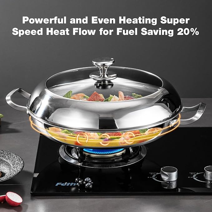 Yeksum Paella Pan with Lid - 14.5" Honeycomb Tri-Ply 18/10 Nonstick Paella Pan, 12-Serving Deep Design, Oven/Dishwasher Safe 550°F, Universal Stainless Steel Skillet