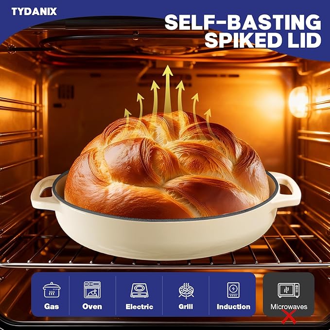 2-in-1 Multifunctional Enameled Cast Iron Dutch Oven, 6QT Loaf Pan with Dual Handles, Perfect for Baking Sourdough, Roasting, Braising & Stews, Oven & Stovetop Safe, Easy to Clean & Pre-Seasoned