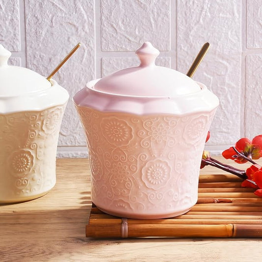 13.5oz Sugar Bowl with Lid and Spoon Pink Ceramic Sugar Creamer Container, Sugar Jar, Durable Sugar Pot for Coffee Bar Accessories, Coffee Bar Decor