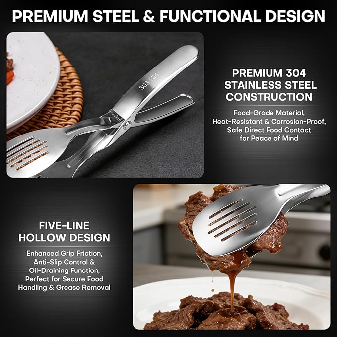 Nezylaf Kitchen Tongs 10.8" Stainless Steel, Heat Resistant 600°C | Perfect for BBQ, Cooking, Serving Tongs & Salad Tongs | Spring-Loaded Design