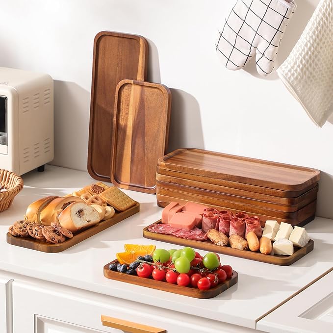 Small Solid Acacia Wood Serving Trays and Platters - Wooden Mini Charcuterie Boards, Rectangle Cheese Board for Food, Bathroom, Home Decor, Kitchen Counter,S,(10"x5.5", 1 Pack)