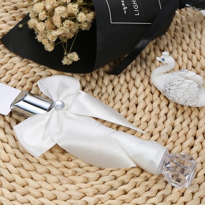Irishom Stainless Steel Wedding Cake Knife Server Set Crystal Handles Cake Cutter with Packing Box for Wedding Anniversary (White Ribbon)