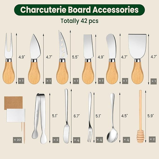 42 pcs Charcuterie Boards Accessories, Cheese Knife Set with Wooden Handle, Cheese Spreaders, Forks, Spoons, Tongs, Honey Dippers and Toothpick Flags
