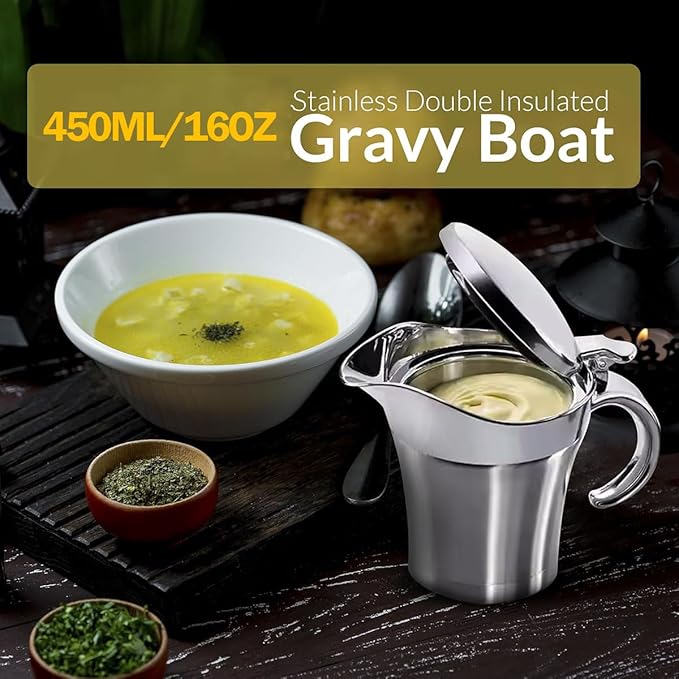 Stainless Steel Insulated Gravy Boat with Lid – 450ML/16OZ Double Insulated Gravy Pitcher for Hot & Cold Sauces – Sauce Jug with Hinged Lid, Ideal for Gravy or Cream at Thanksgiving, Gravy Pitcher