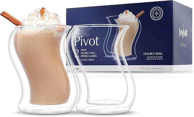 JoyJolt Pivot Double Insulated Tumblers - Set of 2 Exceptional 13.5 oz Iced Coffee Tumbler - Elegant Bar Glasses for Coffee, Tea, or Cold Beverages - 2 x 405 ml Iced Coffee Glasses for Hot Summers