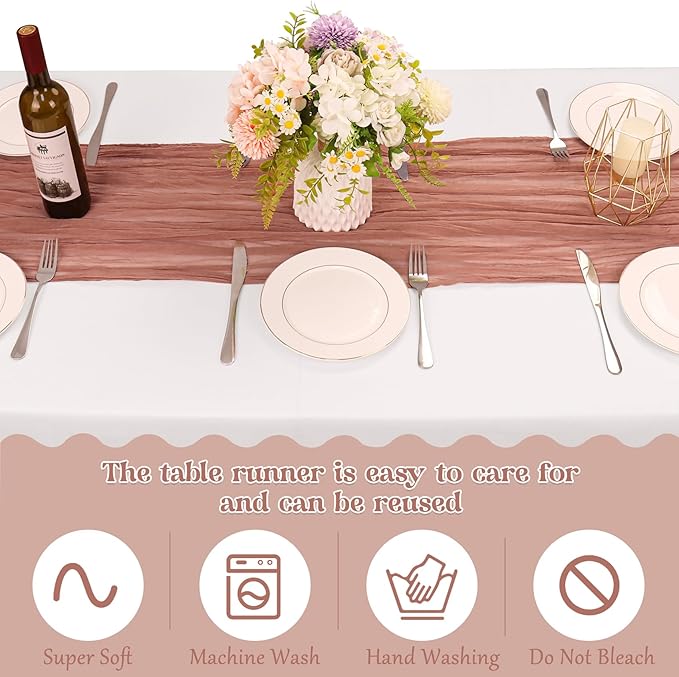 10 Pack Dusty Blush Cheesecloth Table Runner 10FT Boho Gauze Fabric Table Runner Vintage Rustic Sheer Runners for Wedding Party Bridal Baby Shower Long Table Decorations
