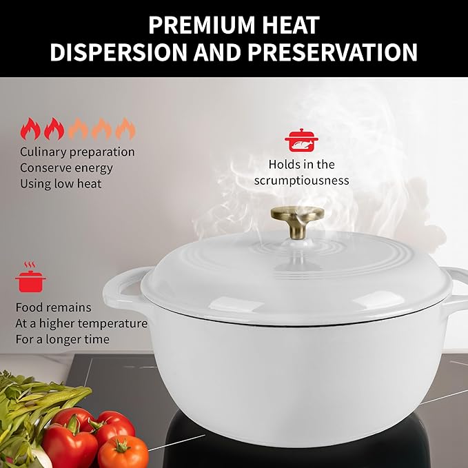 Fijxzct Premium Enameled Cast Iron Dutch Oven for Bread Baking | Non-Stick 2QT Oval Bread Oven with Lid | Perfect for Sourdough, Loaf, and Artisan Baking (Round White, 5.5 QT)