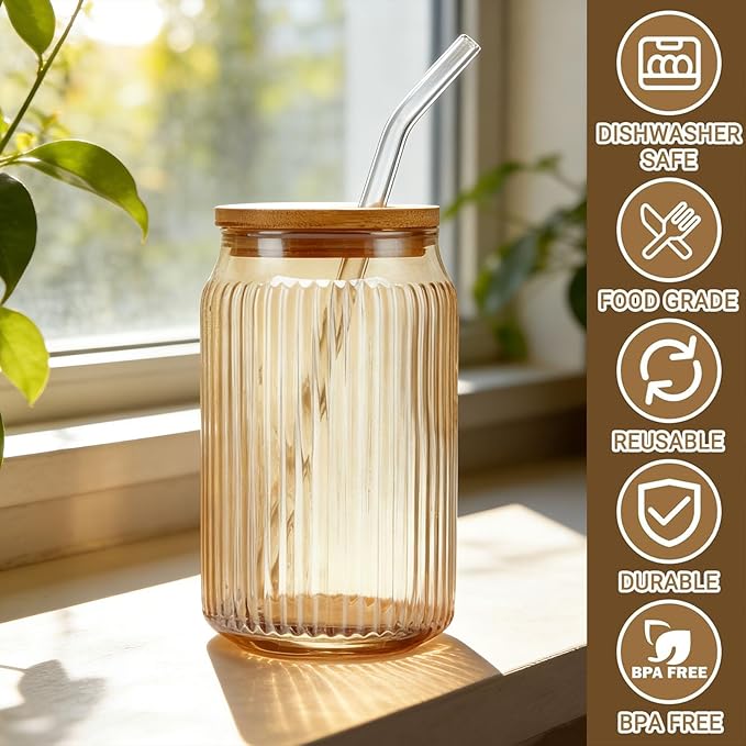 2 PCS Glass cups with Lids and Straws, 16 OZ Iced Coffee Cups, Ribbed Glass Tumbler with Straw and Bamboo Lid, Thick Drinking Beer Glasses for Coffee, Juice, Match Cup with Cleaning Brush (Yellow)