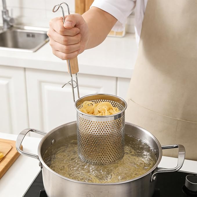 2 Pack Pasta Strainer with Handle Pasta Basket Spider Mesh Strainer Stainless Steel for Noodle, Boiling Food, Ramen, Spaghetti, Dumpling (4.6"D X 5.78"H)