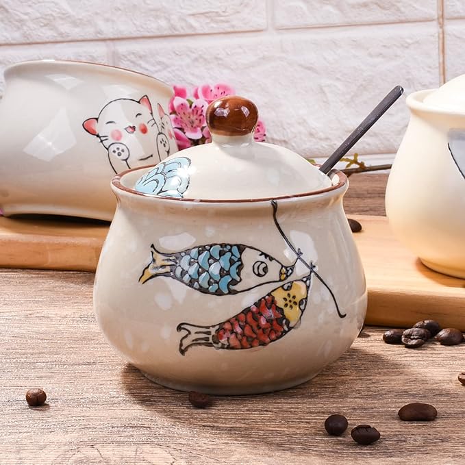 Ceramic Sugar Bowl with Lid and Spoon, Japanese Sugar Bowl with Spoon and Lid (Style 3)
