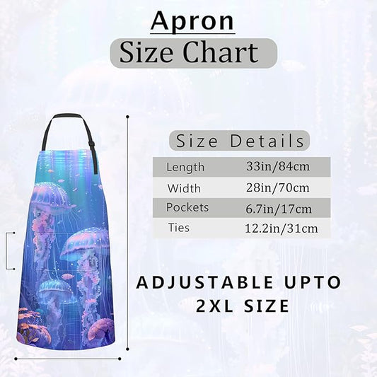 Jellyfish Ocean Apron Dreamy Deep Sea Fantasy Aprons Waterproof Oxford Polyester Adjustable Pockets Design for Cooking, Crafting, Garden Decor, for Adults, 28x33 Inch